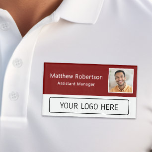 Modern Company Logo Burgundy Employee Photo Name Tag