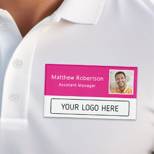 Modern Company Logo Hot Pink Employee Photo Name Tag