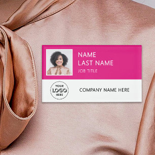 Modern Company Logo Hot Pink Employee Photo Name Tag