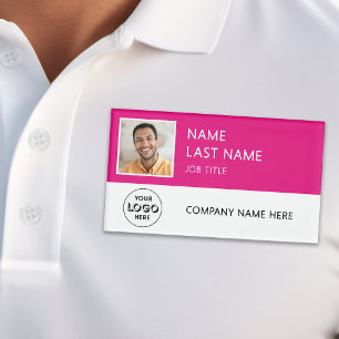 Modern Company Logo Hot Pink Employee Photo Name Tag