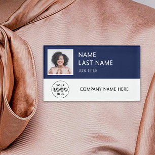 Modern Company Logo Navy Blue Employee Photo Name Tag