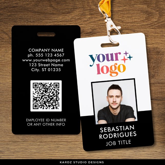 Modern Company Logo Photo Black ID Badge (Front and back of badge shown, create QR with URL, check that it works before ordering.)