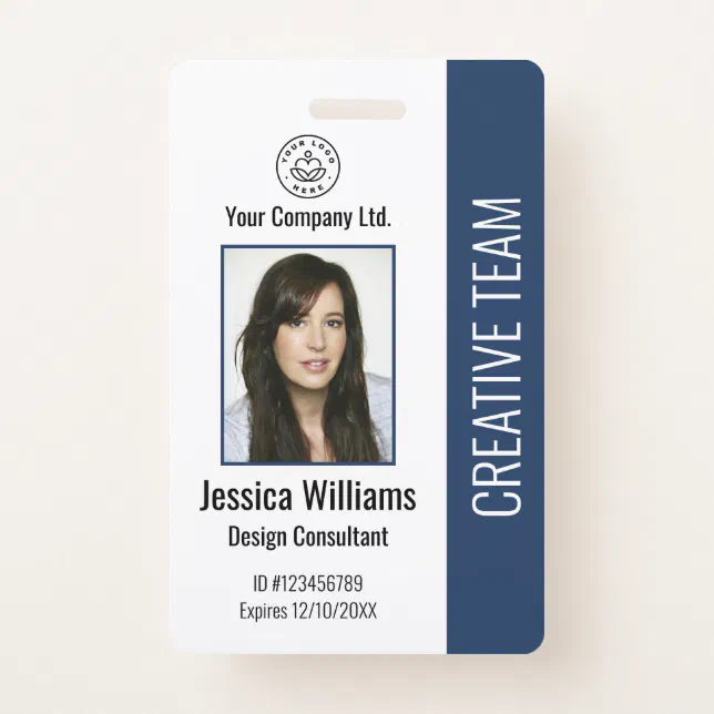 Modern Company Logo Photo Blue Employee ID Badge | Zazzle