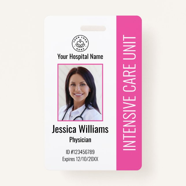 Modern Company Logo Photo Pink Employee ID Badge (Front)
