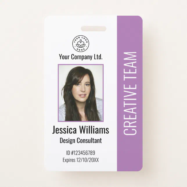 Modern Company Logo Photo Purple Employee ID Badge | Zazzle