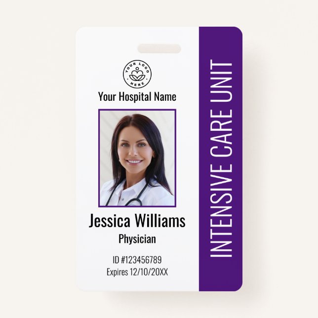 Modern Company Logo Photo Purple Employee ID Badge (Front)