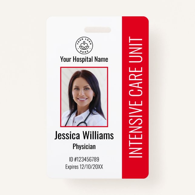 Modern Company Logo Photo Red Employee ID Badge (Front)