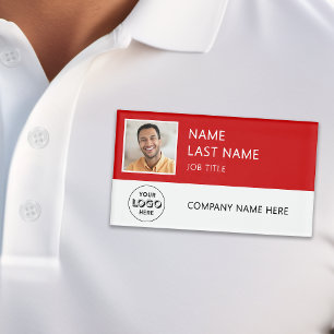 Modern Company Logo Red Employee Photo Name Tag