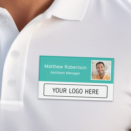 Modern Company Logo Turquoise Employee Photo Name Tag
