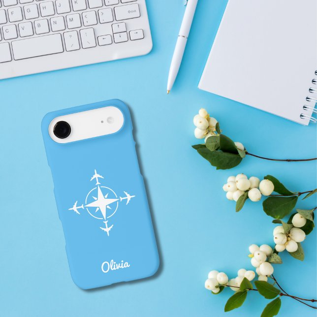 Modern Compass Airplane Travel Stylish Custom Blue Case-Mate iPhone Case (Creator Uploaded)