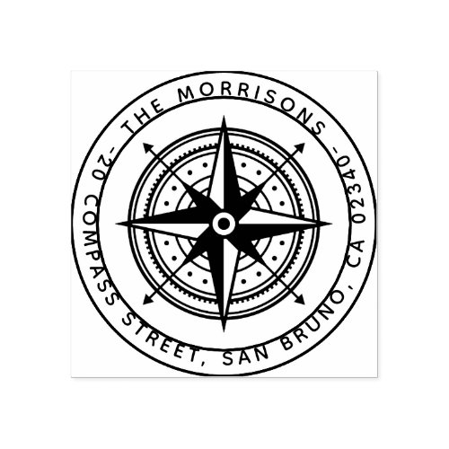 Modern Compass Round Family Name  Return Address Rubber Stamp