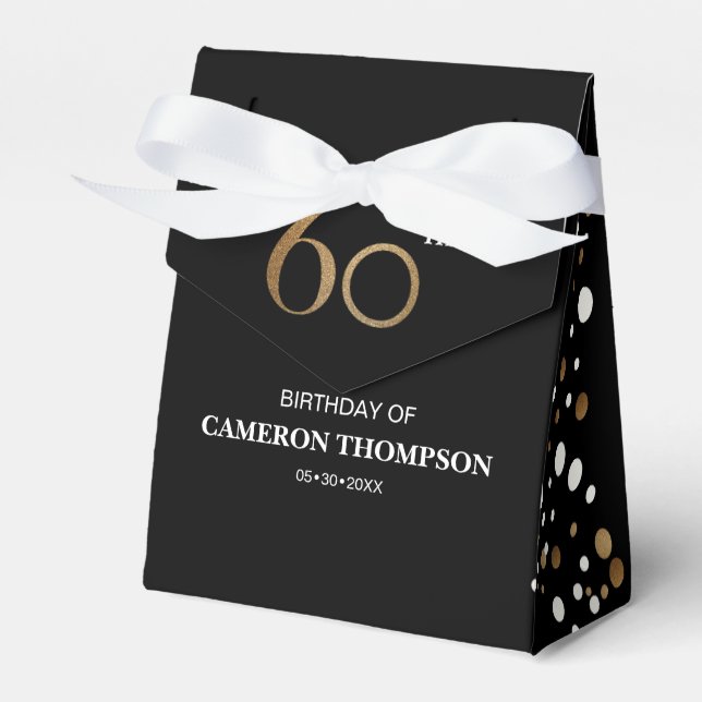 Modern confetti 60th birthday Gold Black Favor Boxes (Front Side)