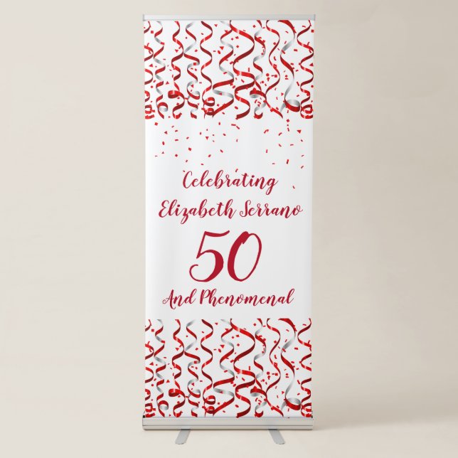 Modern Confetti  And Red Ribbon 50th Birthday Retractable Banner (Front)