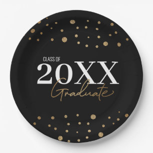 Modern Confetti Black Gold Class Year Graduate Paper Plates