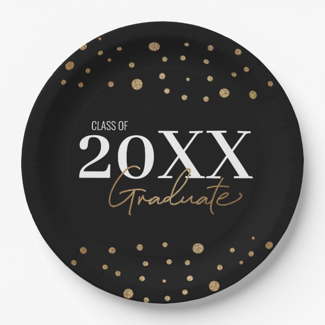 Modern Confetti Black Gold Class Year Graduate  Paper Plates (Front)