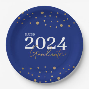Modern Confetti Blue Gold Class of 2024 Graduate Paper Plates