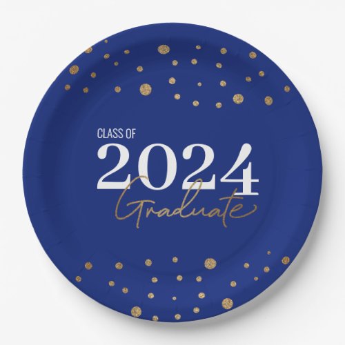 Modern Confetti Blue Gold Class of 2024 Graduate Paper Plates