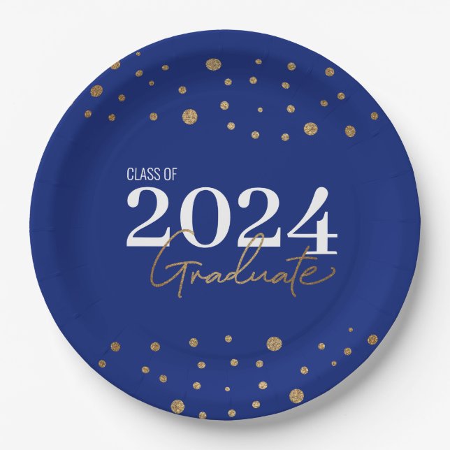 Modern Confetti Blue Gold Class of 2024 Graduate Paper Plates (Front)