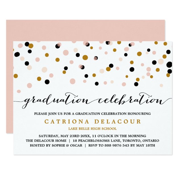 Modern Confetti Dots | Blush and Gold Graduation Card (front side)