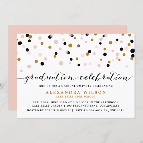 Modern Confetti Dots  Blush and Gold Graduation Invitation