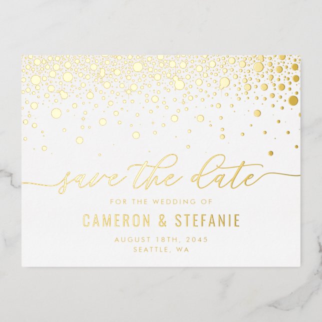 Modern Confetti Dots Gold Foil Save the Date Foil Invitation Postcard (Front)