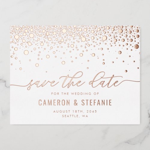 Modern Confetti Dots Rose Gold Foil Save the Date Foil Invitation Postcard