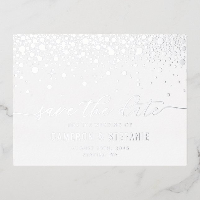 Modern Confetti Dots Silver Foil Save the Date Invitation Postcard (Front)