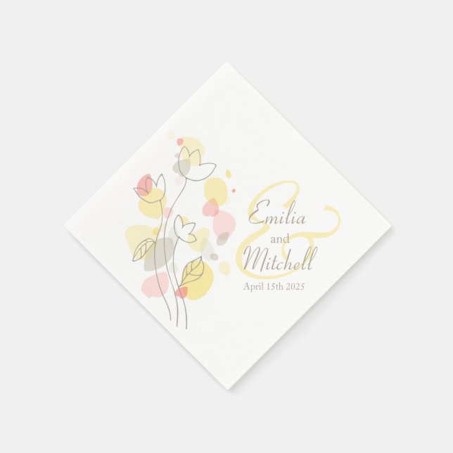 Modern confetti flower name date wedding napkins (Corner)
