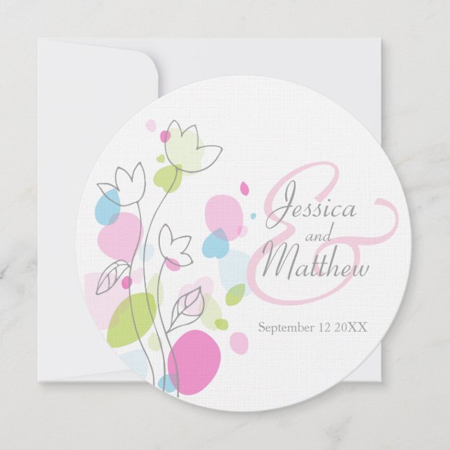 Modern confetti flower petal round wedding invite (Front)