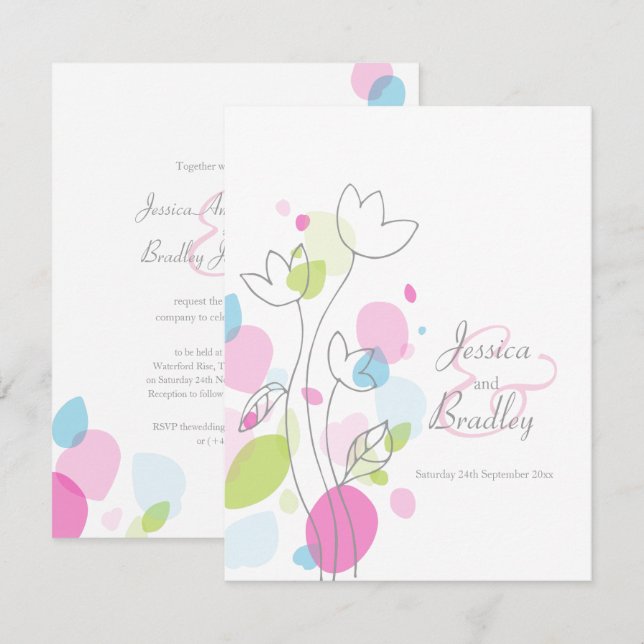 Modern confetti flower petals colorful wedding invitation (Front/Back)