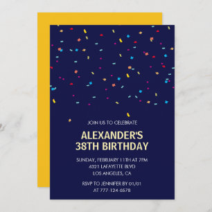 Modern Confetti Navy blue Men 38th birthday Invitation