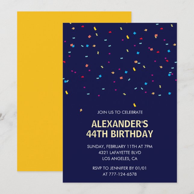 Modern Confetti Navy blue Men 44th birthday Invitation (Front/Back)