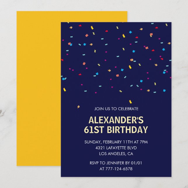 Modern Confetti Navy blue Men 61st birthday Invitation (Front/Back)