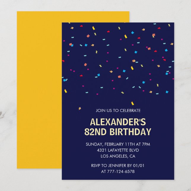 Modern Confetti Navy blue Men 82nd birthday Invitation (Front/Back)