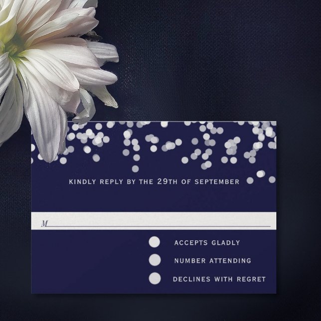 Modern Confetti Navy Shooting Stars Wedding RSVP Card (Creator Uploaded)