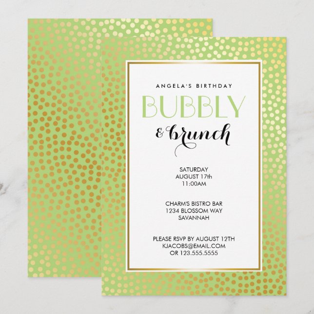 Modern Confetti Polka Dots Lime Gold Brunch Invitation (Front/Back)
