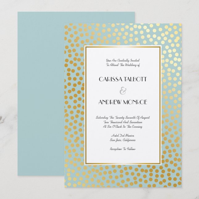 Modern Confetti Polka Dots Mint and Gold Invitation (Front/Back)