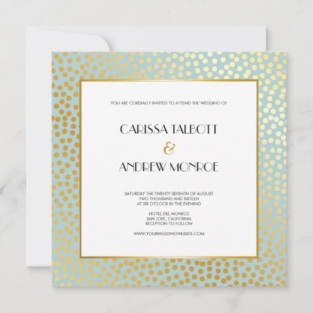 Modern Confetti Polka Dots Mint Gold Wedding Invitation (Front)