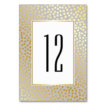 Modern Confetti Polka Dots Pattern Grey And Gold Table Number by Charmalot at Zazzle