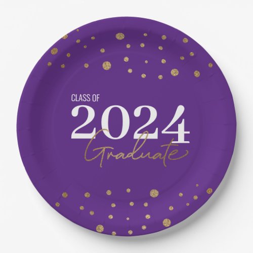Modern Confetti Purple Gold Class of 2024 Graduate Paper Plates