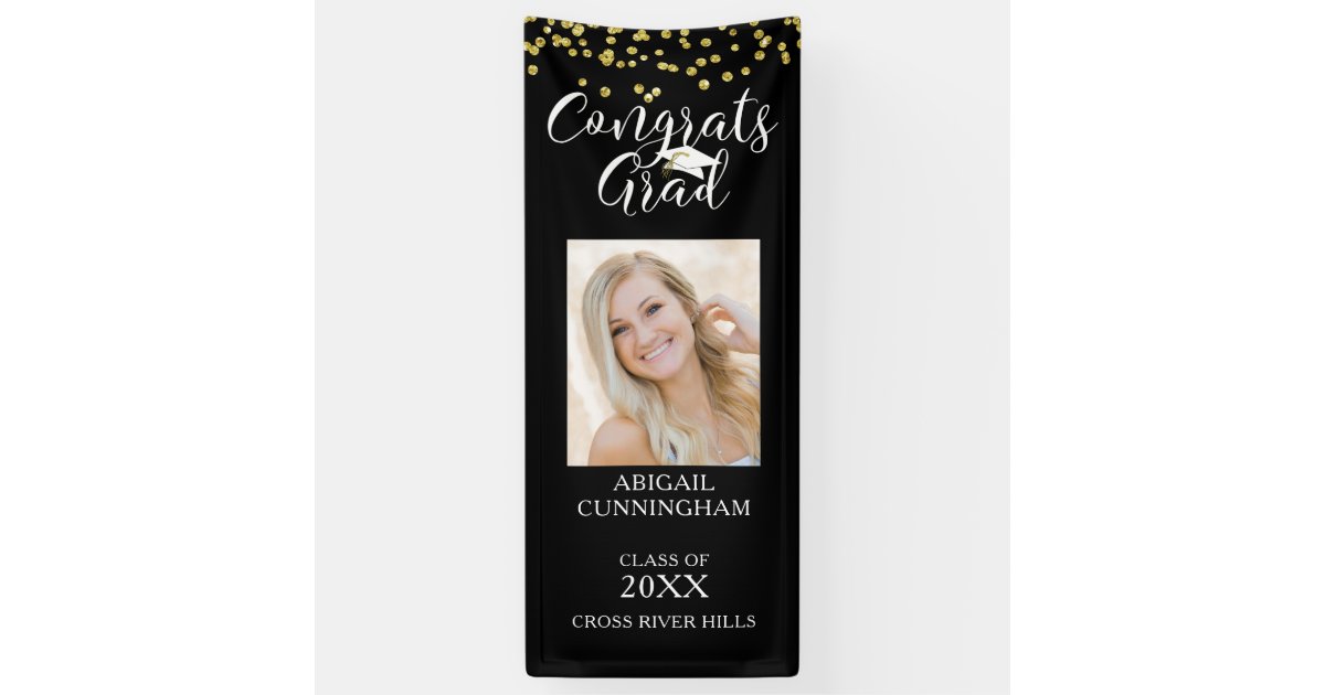 Modern Confetti Script CONGRATS GRAD Photo Black Banner | Zazzle