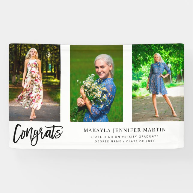 Modern Congrats 3 Photo Graduate Banner - White (Horizontal)