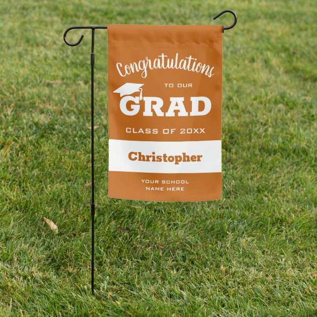 Modern Congrats Grad Brunt Orange White Graduation Garden Flag (In SItu)