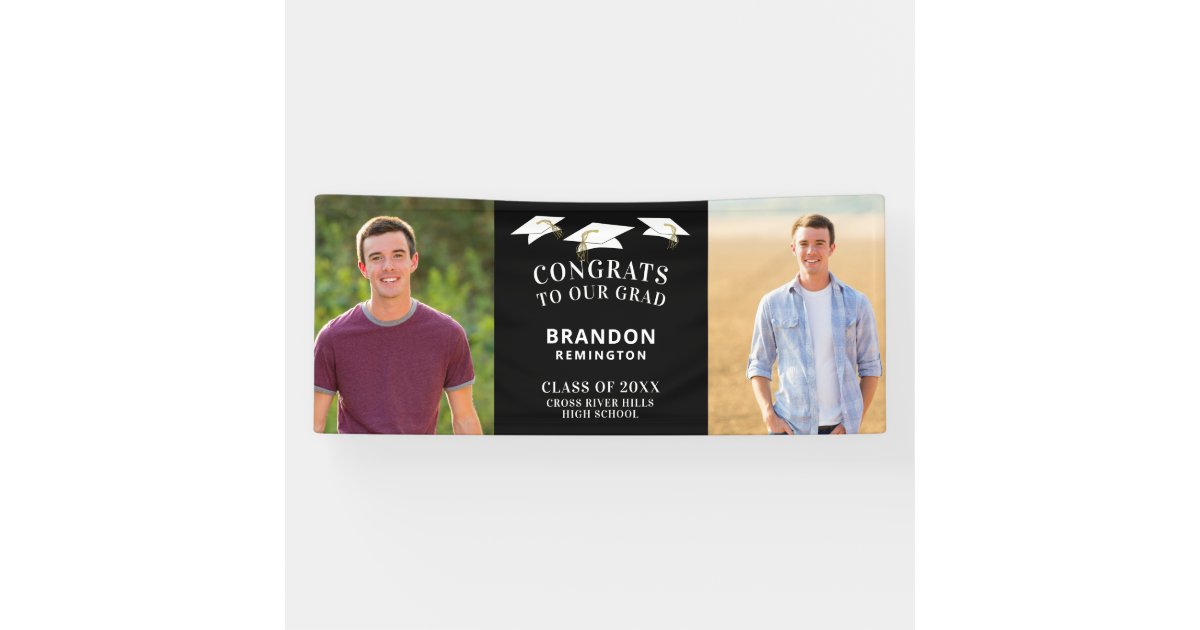 Modern CONGRATS GRAD Cap Two Photos Black Banner | Zazzle