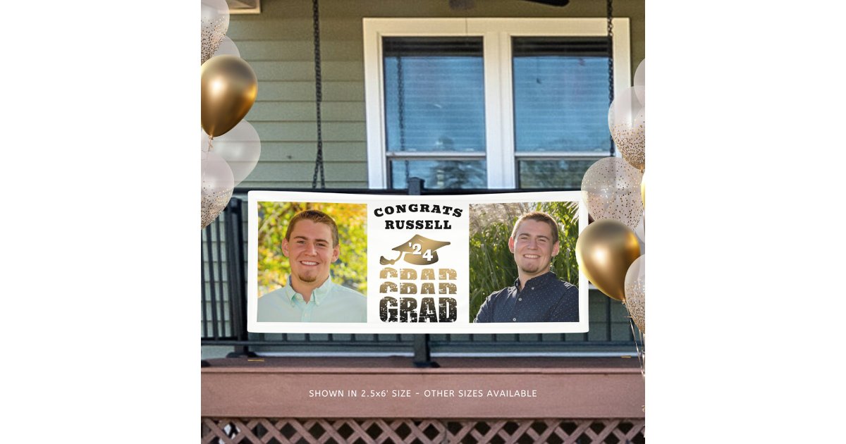 Modern Congrats Grad Name 2 Photos Black Gold Banner | Zazzle
