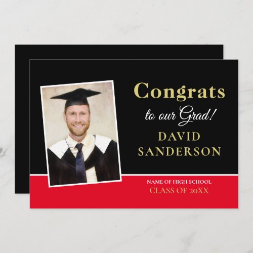 Modern Congrats Grad Photo Name Gold Black Red Announcement