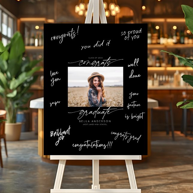 Modern Congrats Grad Script Photo Signature Black  Foam Board (Creator Uploaded)