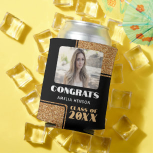 Modern Congrats Graduate Gold Glitter Photo Can Cooler