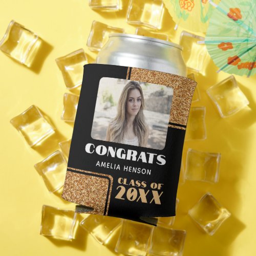 Modern Congrats Graduate Gold Glitter Photo    Can Cooler