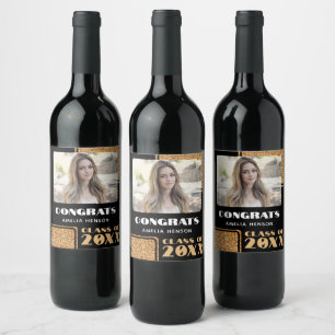 Modern Congrats Graduate Gold Glitter Photo    Wine Label